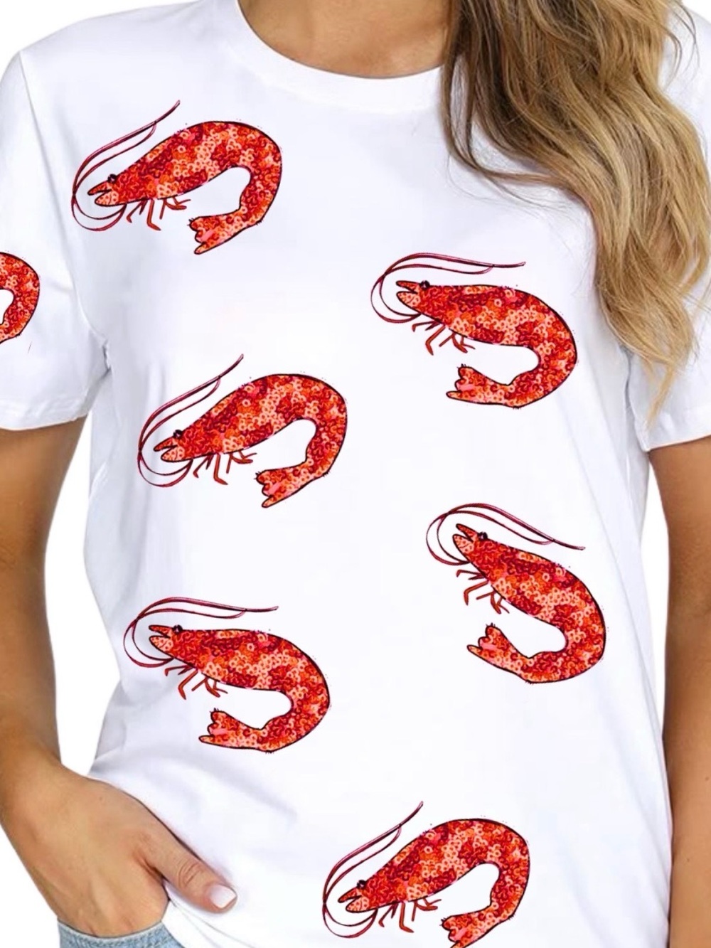 Women’s custom sequin shrimp t-shirt